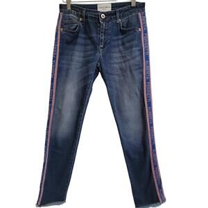 Alberta Ferretti Blue Side Stripe Frayed Hem Straight-Leg Jeans